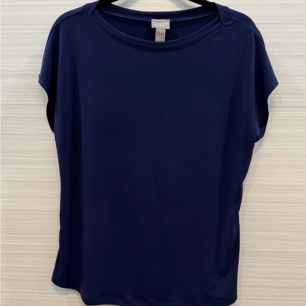 Chico's Size 1 Navy Blue Cap Sleeve Lightweight Relaxed Top size Medium